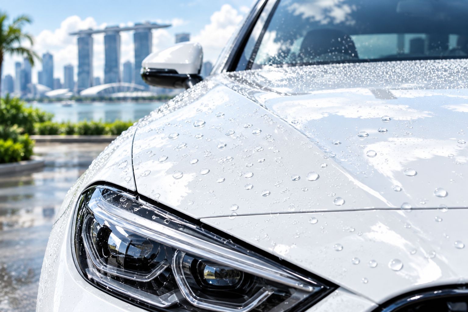 Next powered by EA Detailer Water beading on clean white car paint after tropical rain