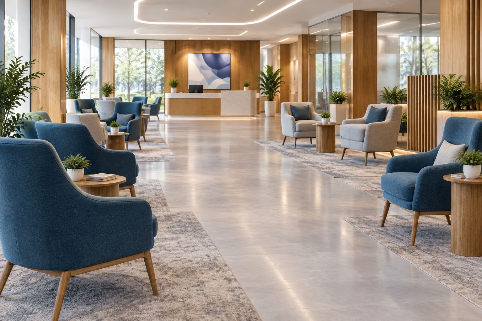 Bank waiting area with upright armchairs, side tables, and an open central walking route