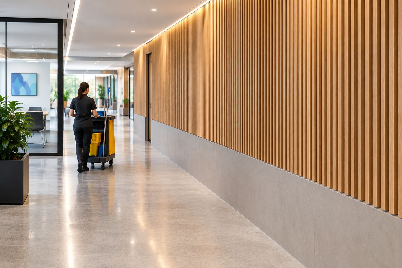 Commercial hallway with wood slats above a smooth protective lower wall finish