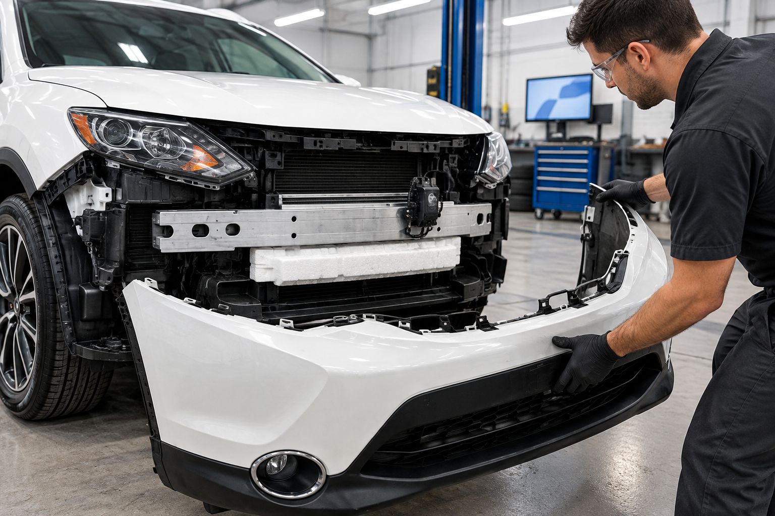 Technician removing a bumper cover to reveal the reinforcement bar and sensor housing