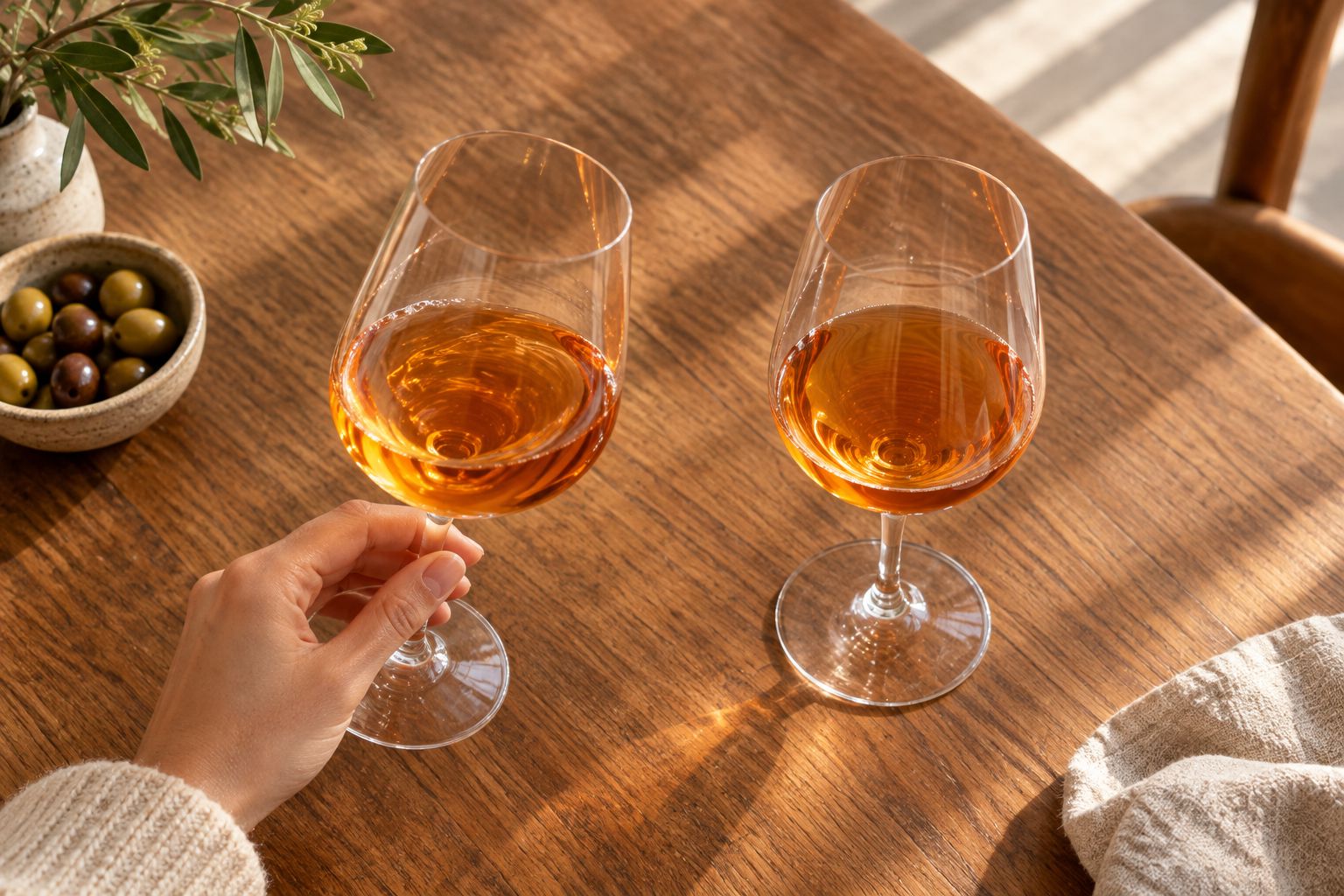 Two small orange-wine pours for comparing a resting glass with a gently swirled glass