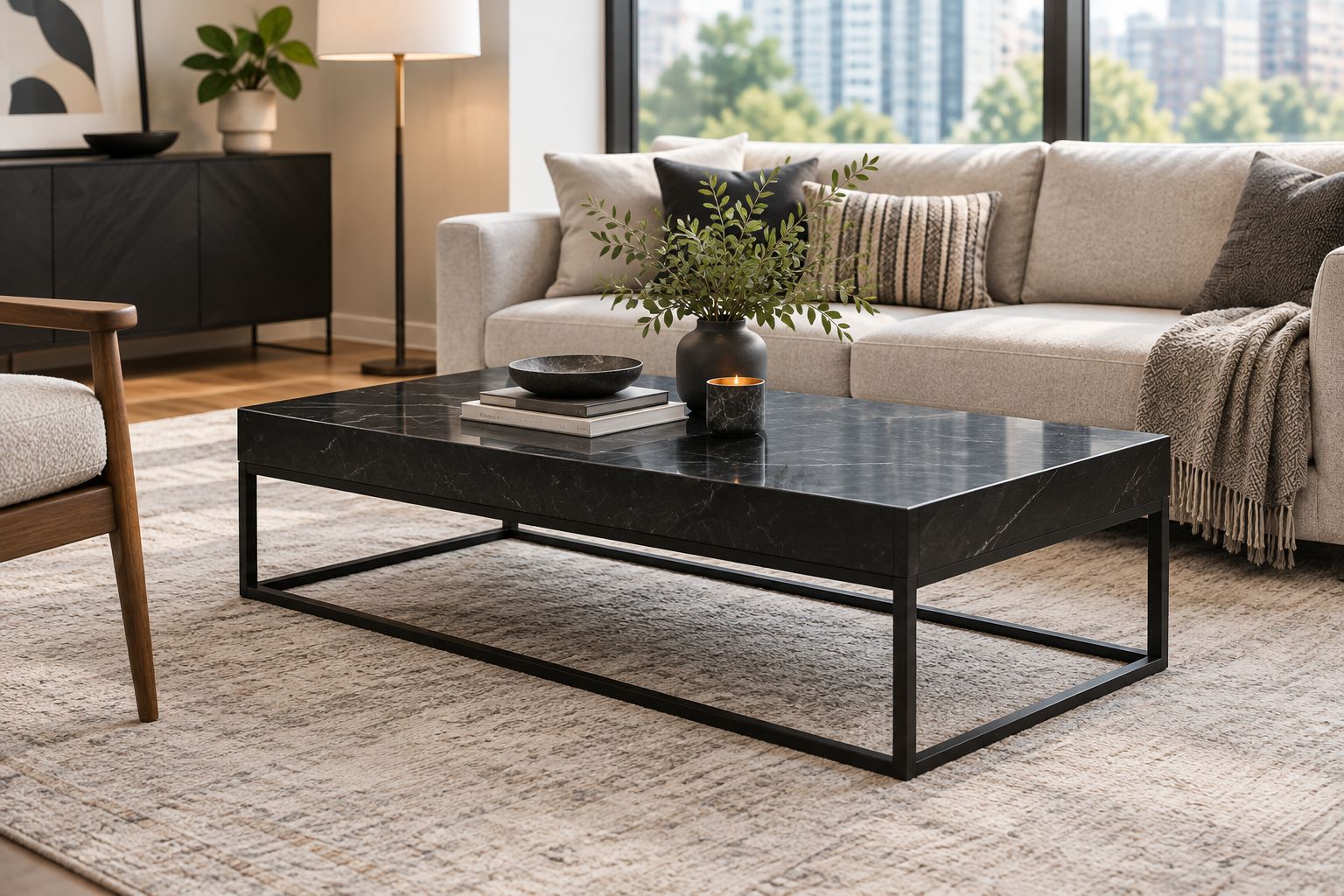 Black marble-top rectangular coffee table in a modern living room