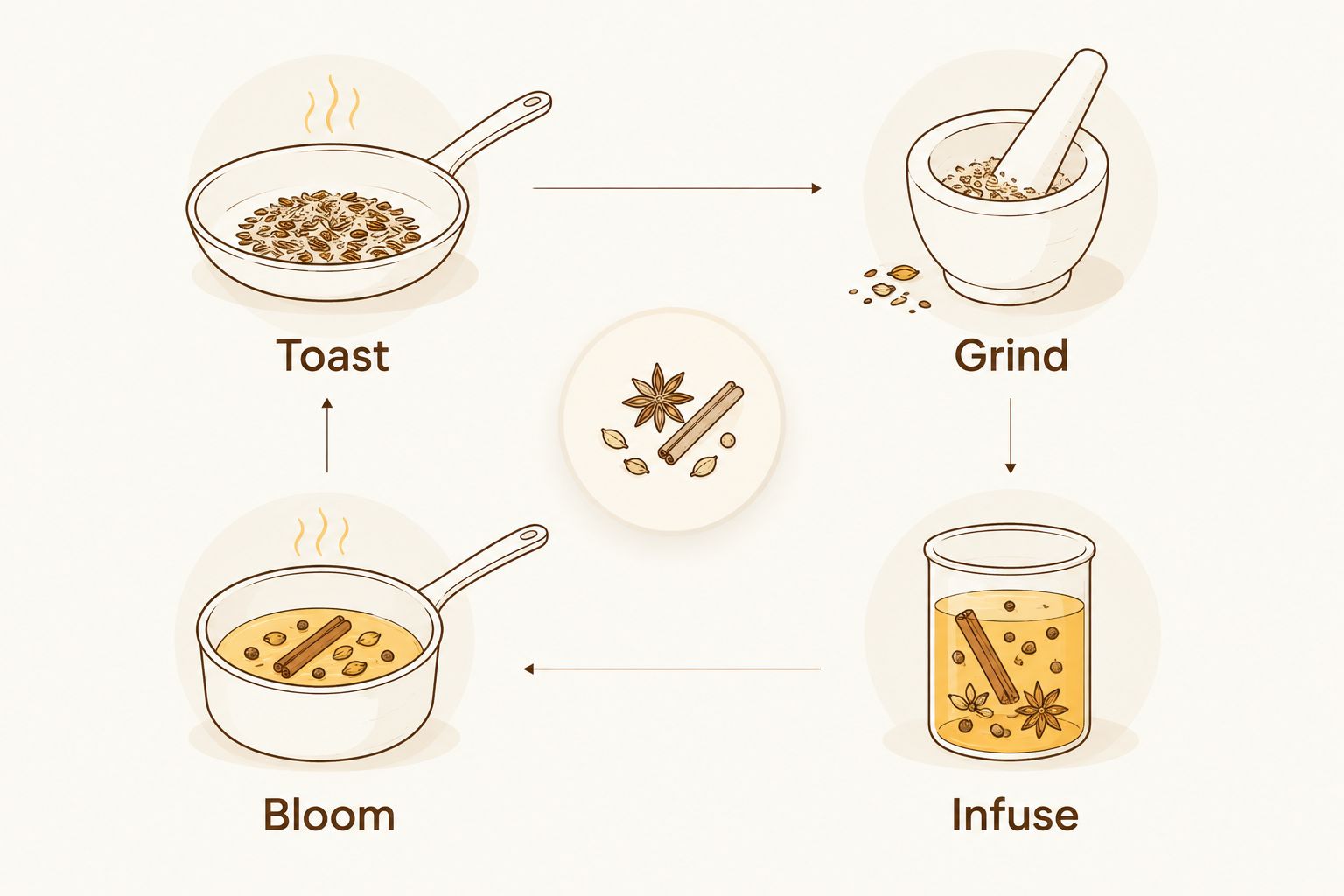 Four spice preparation methods: toast, grind, bloom, and infuse