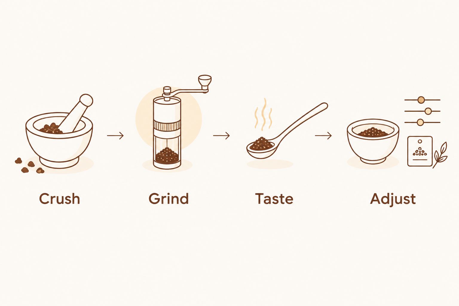 Four steps for comparing pepper texture: crush, grind, taste, and adjust.