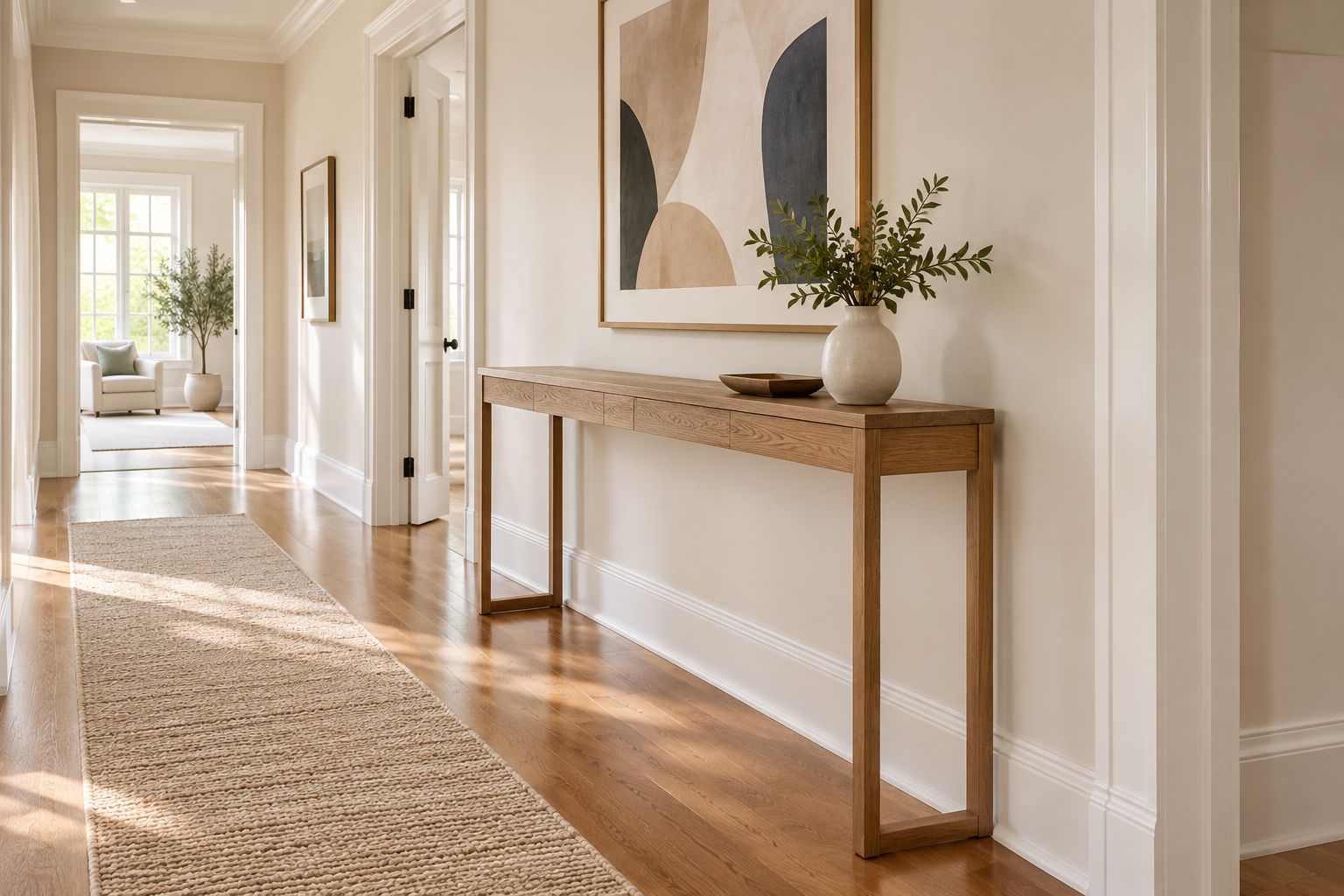Long shallow console along a hallway wall with a clear walking route beside it