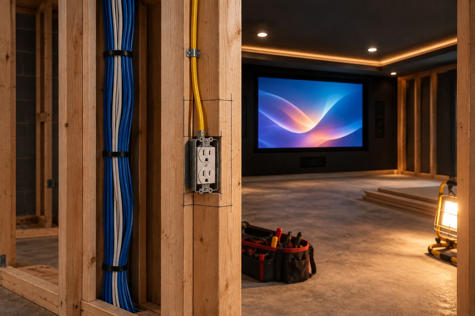 Outlet box and separated low-voltage cable inside an open basement wall before drywall