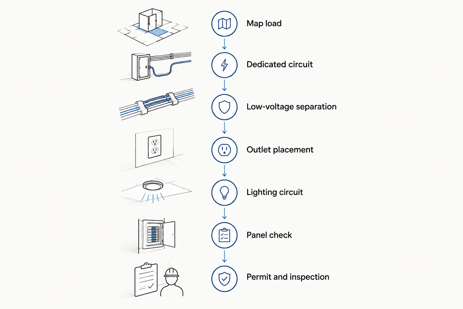Seven-step timeline for wiring a home theater from load mapping to inspection