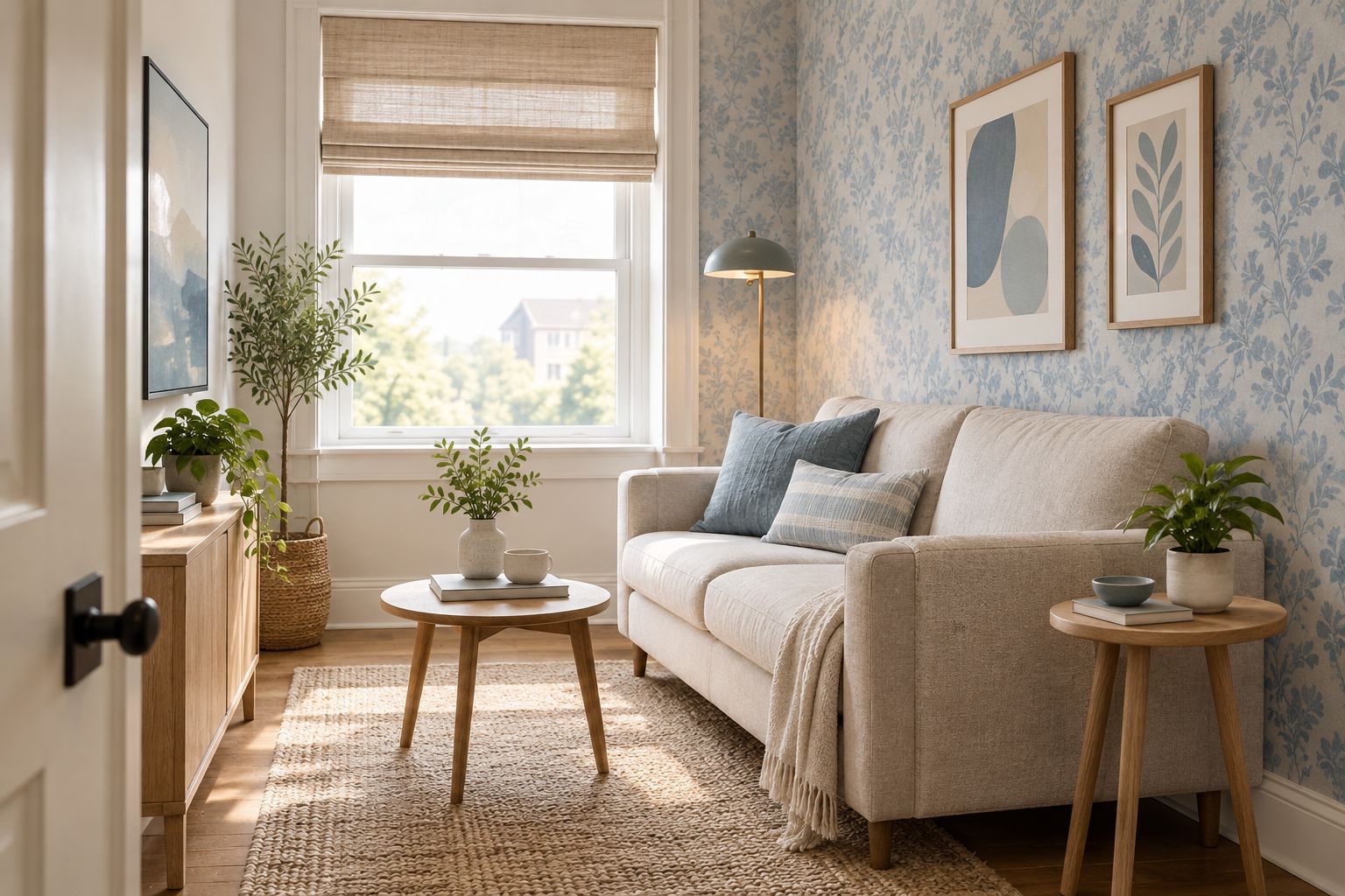 Compact living room with subtle blue wallpaper and understated furniture