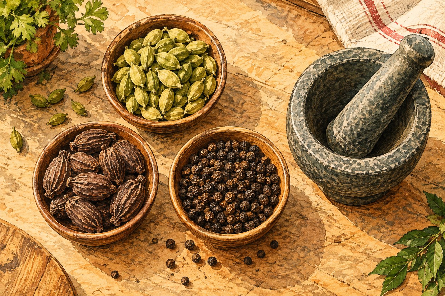 Separate bowls of green cardamom, black cardamom and peppercorns beside a mortar and pestle