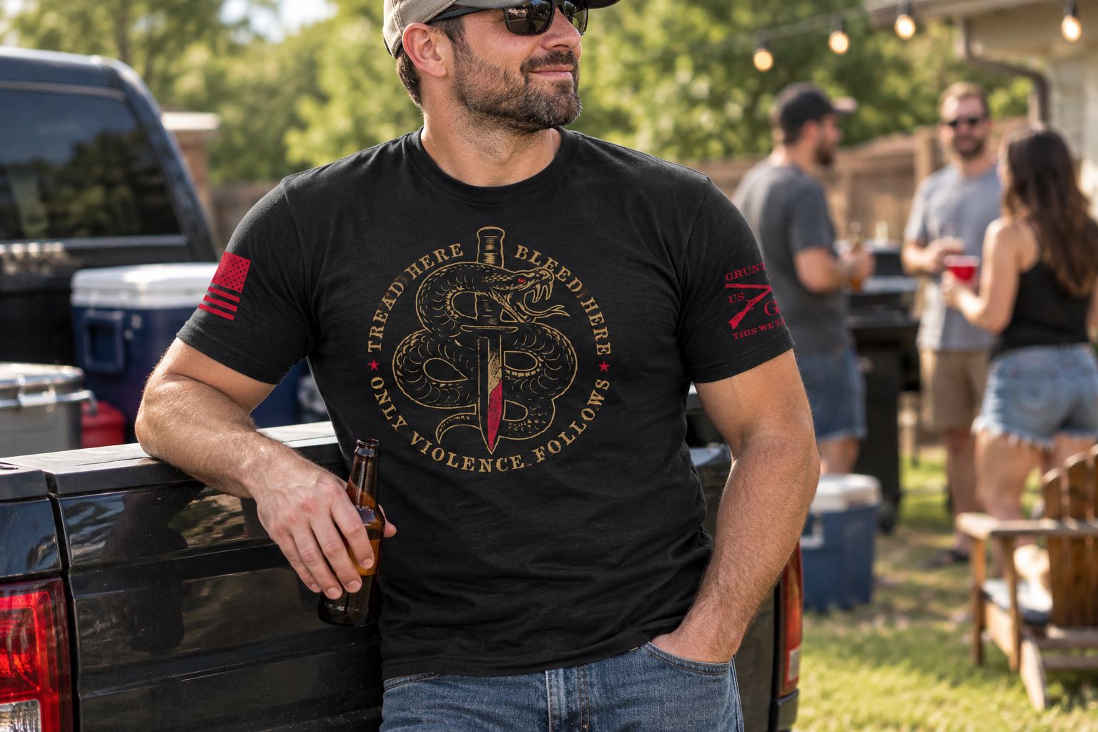 Man wearing a dark-humor veteran t-shirt at a backyard gathering