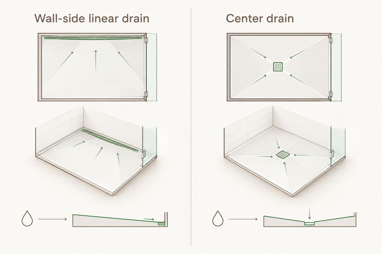 Comparison of a single-plane shower floor and envelope cuts around a center drain