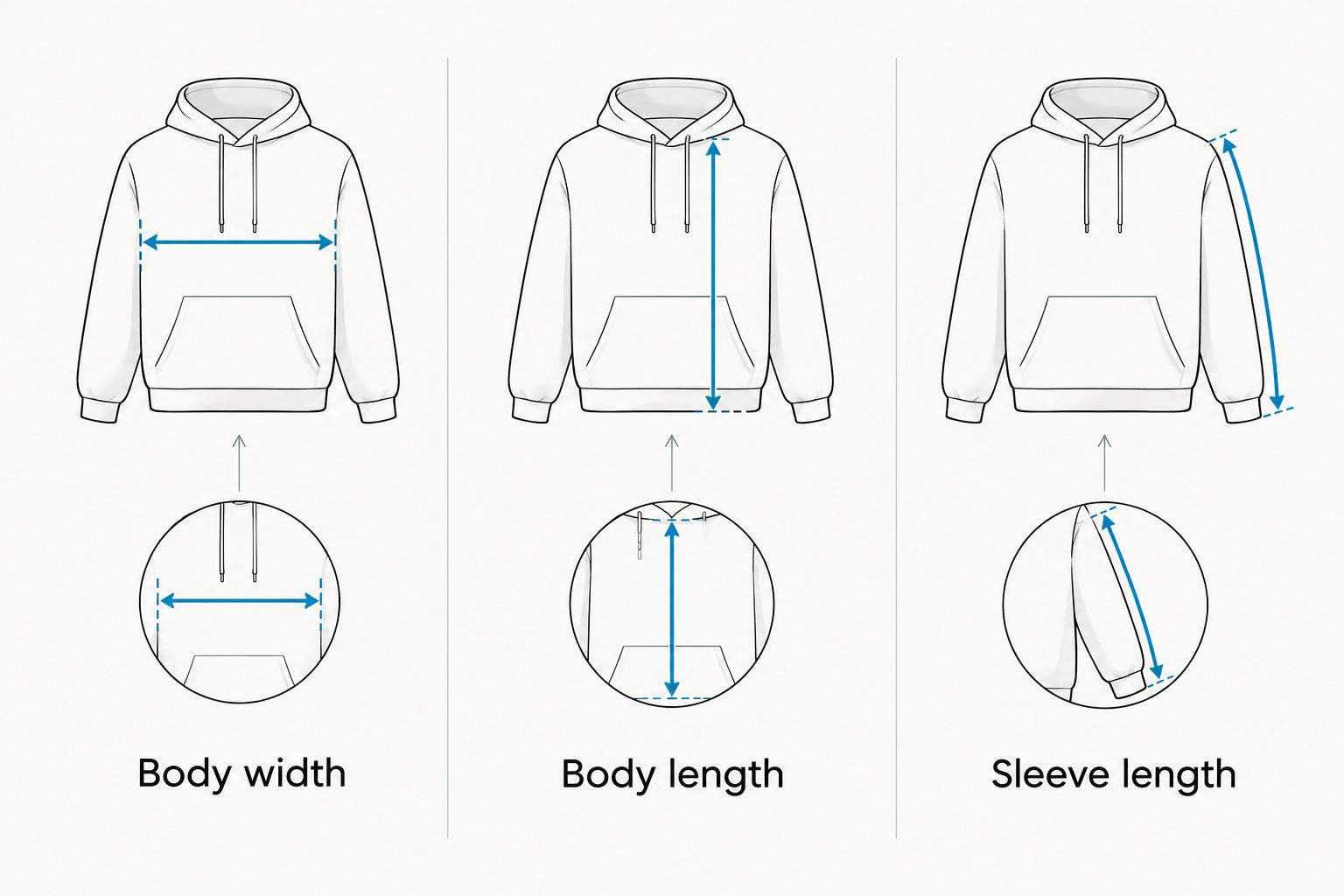 Hoodie outlines showing body width, body length, and sleeve length.