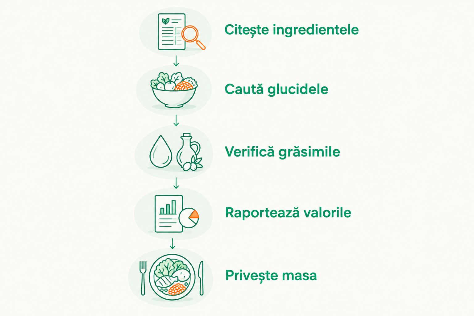 Pașii pentru verificarea ingredientelor, glucidelor, grăsimilor, porției și mesei complete