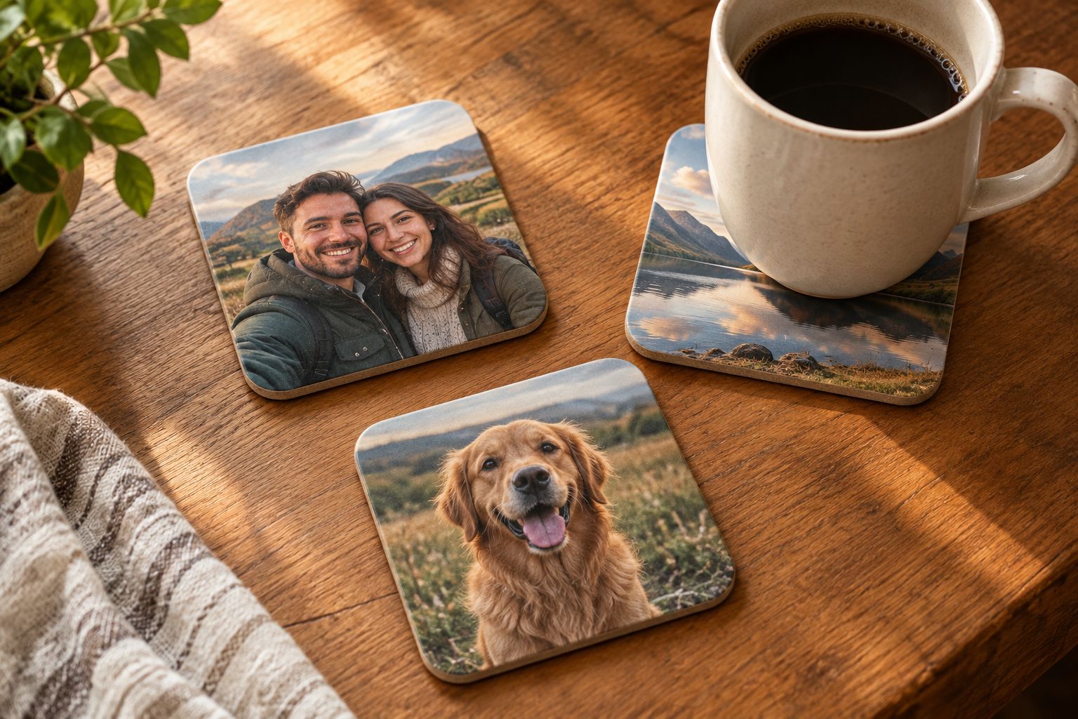 Photo coasters with simple portraits and landscapes, including one partly covered by a cup