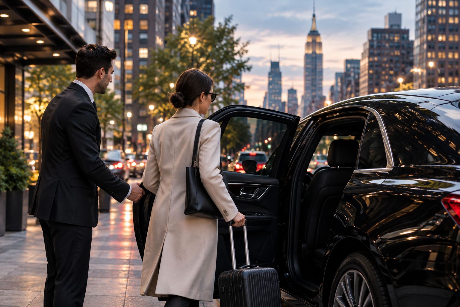Chauffeur opening the door of a black SUV for a business traveler in Manhattan