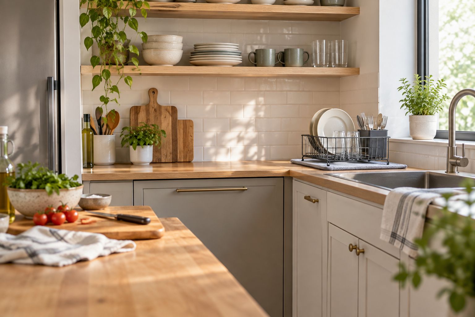 Kitchen with drawer storage, an open shelf and a dish-drying area