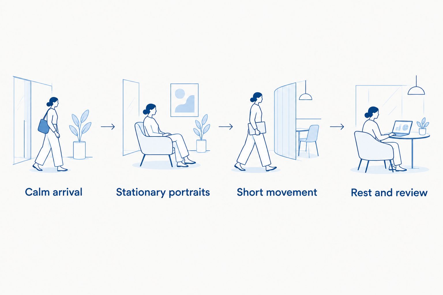 Session order from a calm arrival through portraits, brief movement and a rest