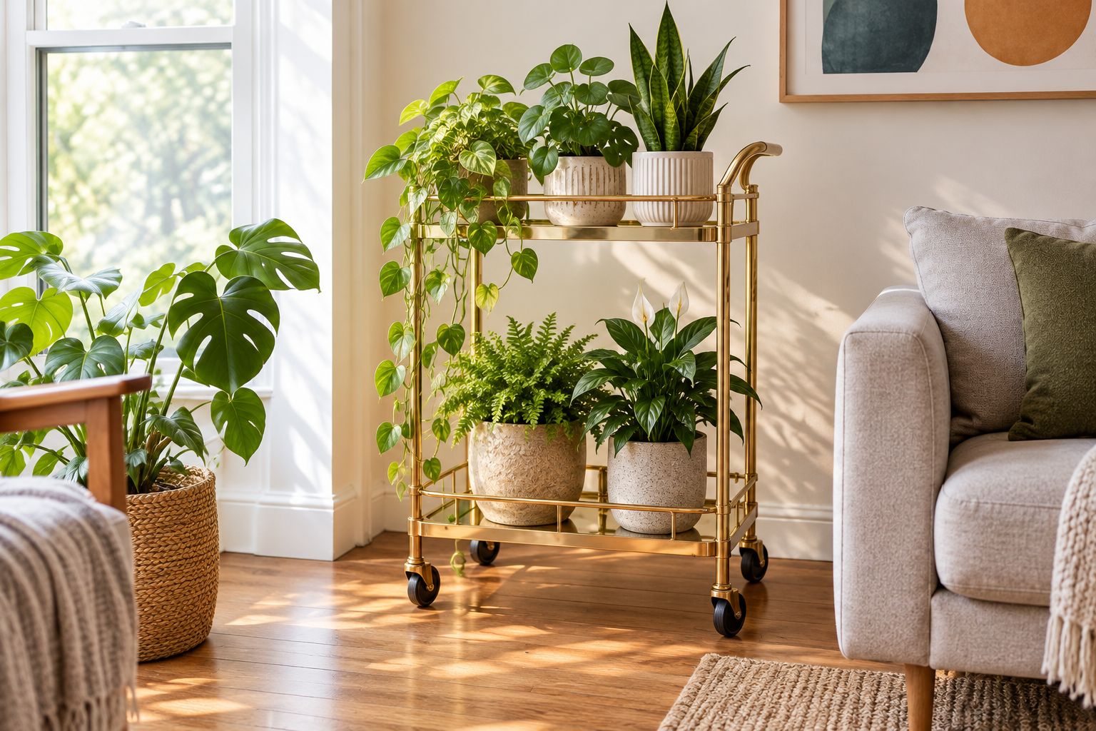 Indoor drinks trolley with protected plant pots and clear space around the wheels