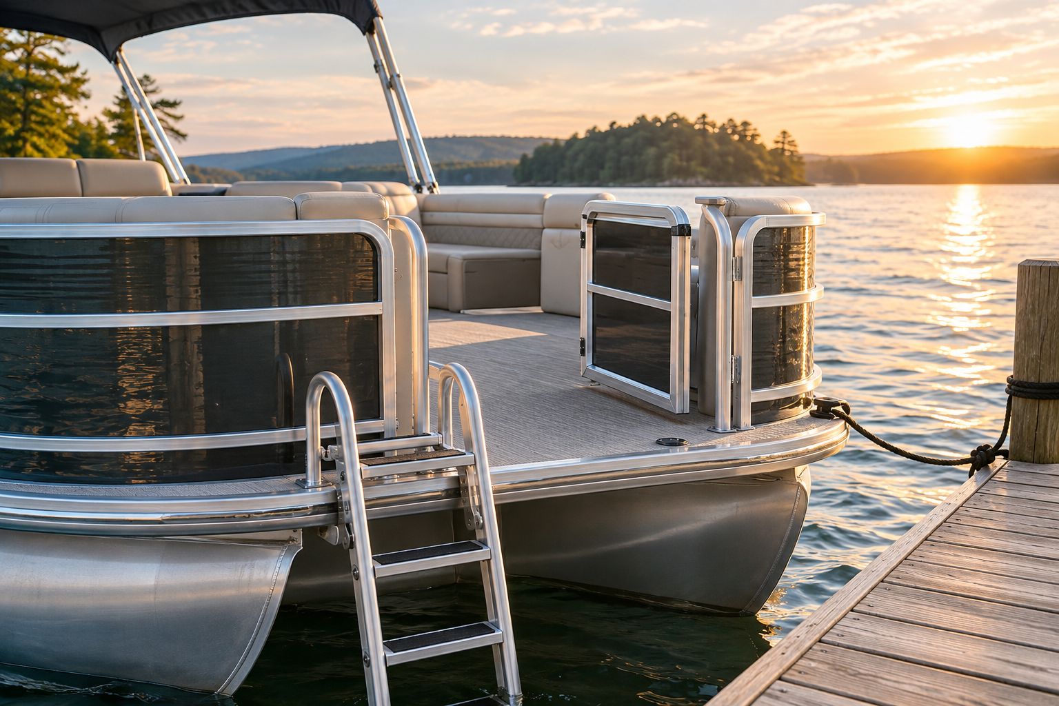 Pontoon boarding ladder, handholds, gate, and clear deck viewed together
