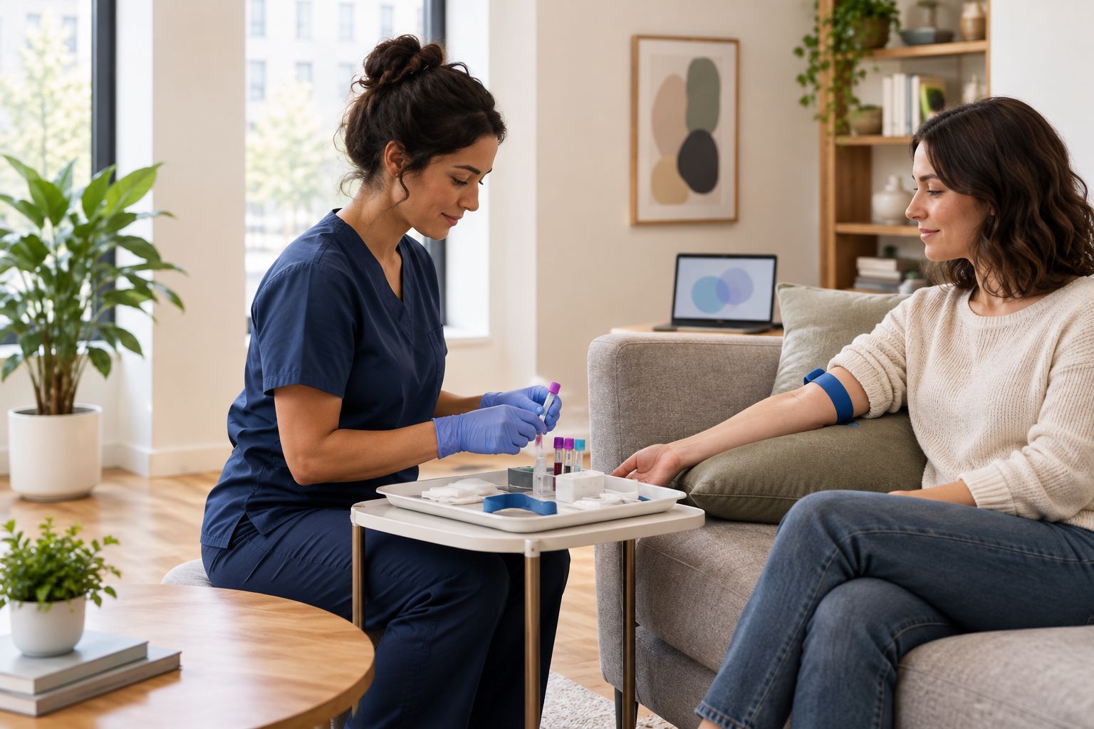 Home healthcare nurse preparing a blood draw kit during an at-home visit