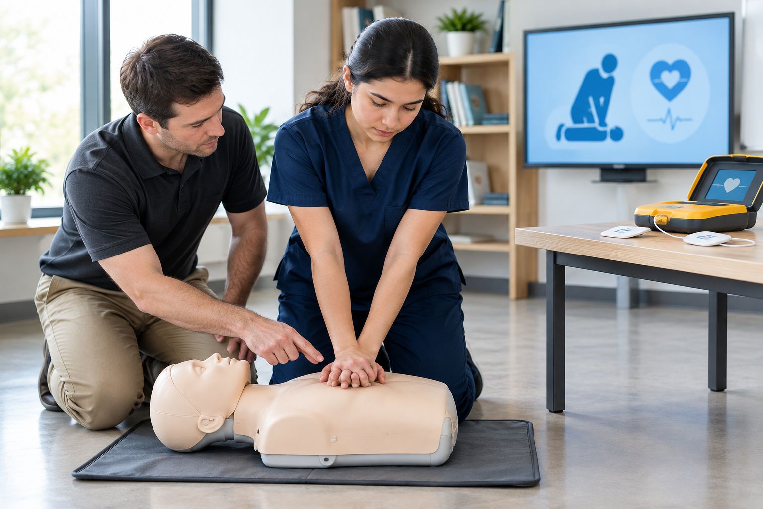 Instructor supervising a student practicing chest compressions on a training manikin