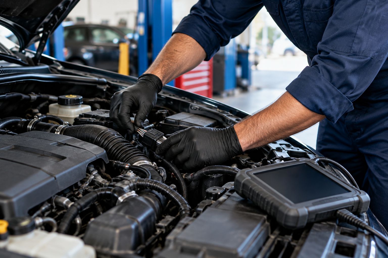 Hands checking an engine-bay connector during a vehicle diagnostic inspection