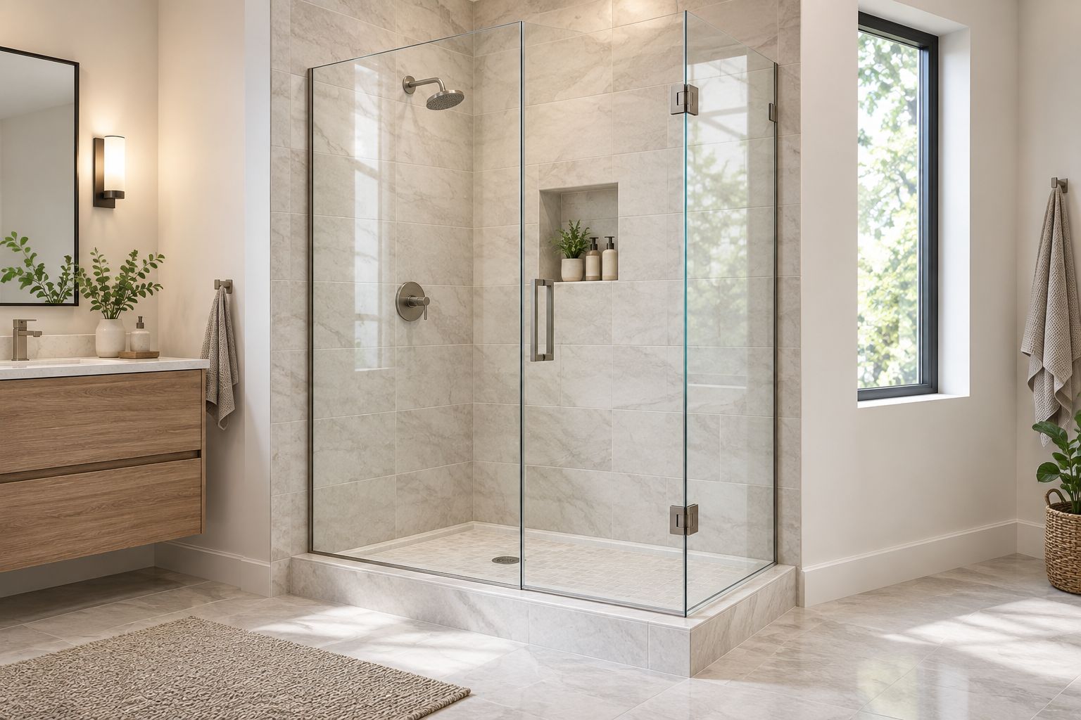 Glass shower enclosure beside a vanity, showing the opening and space needed for the door to swing