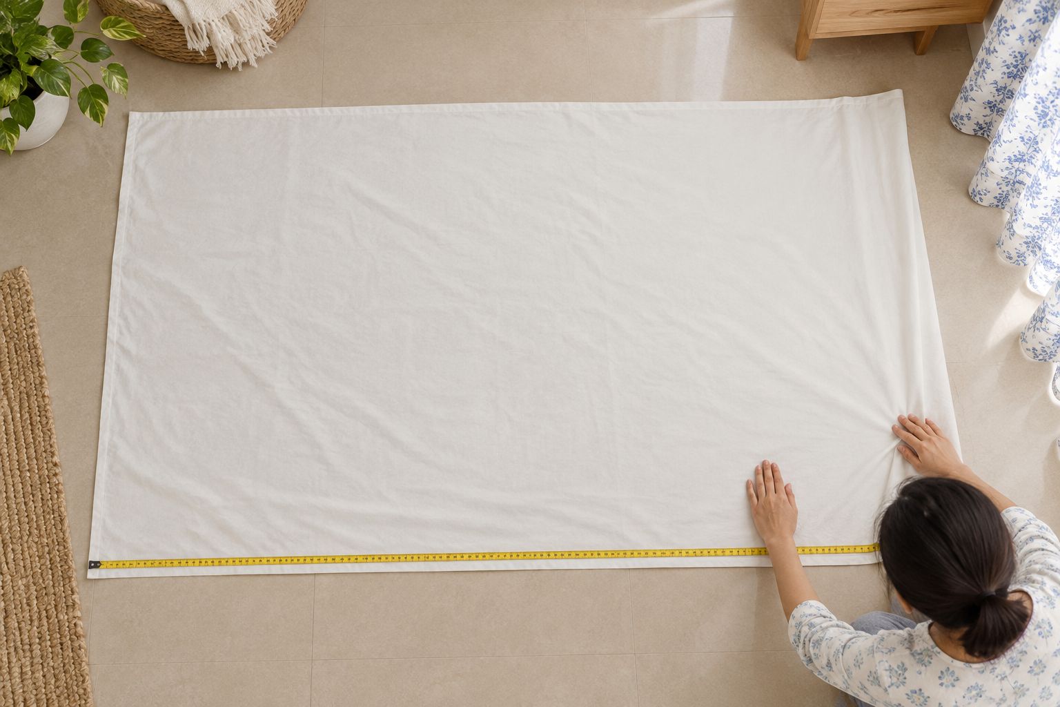 Measuring a finished bedsheet laid flat without stretching the fabric