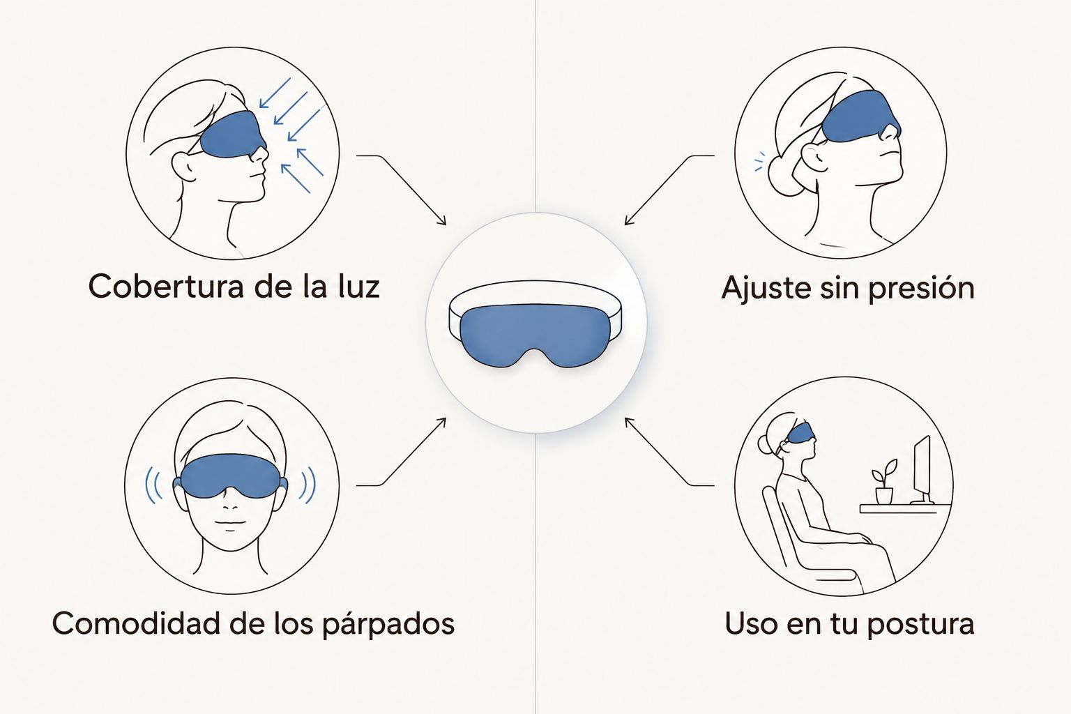 Comparación visual de cobertura, comodidad, ajuste y postura al elegir un antifaz