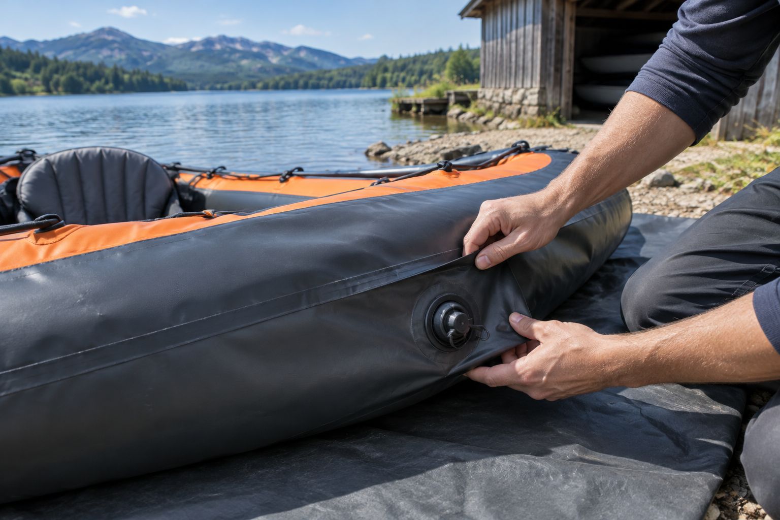 Hands inspecting an inflatable kayak's underside seam and valve area