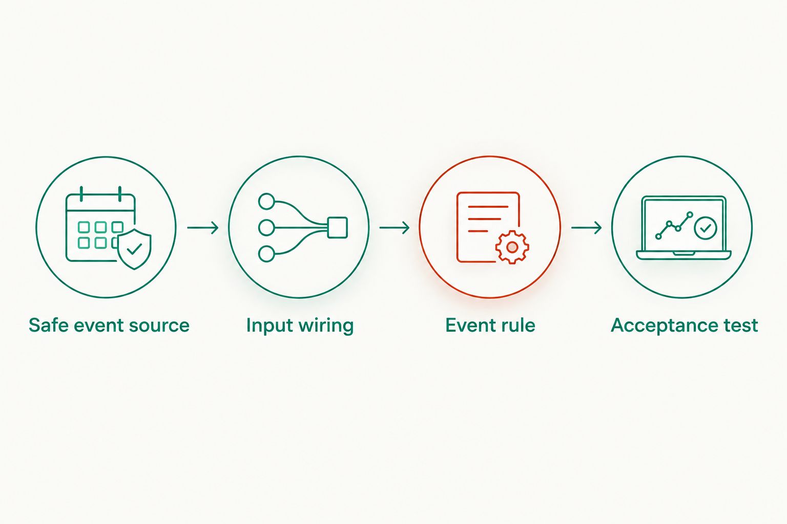 Sequence from choosing a safe event source through wiring, an event rule and an acceptance test