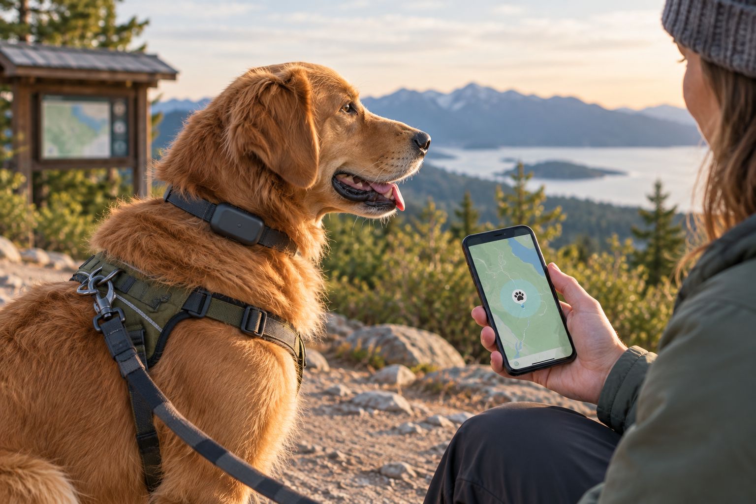 Leashed dog at a trailhead with a tracker mounted on its collar