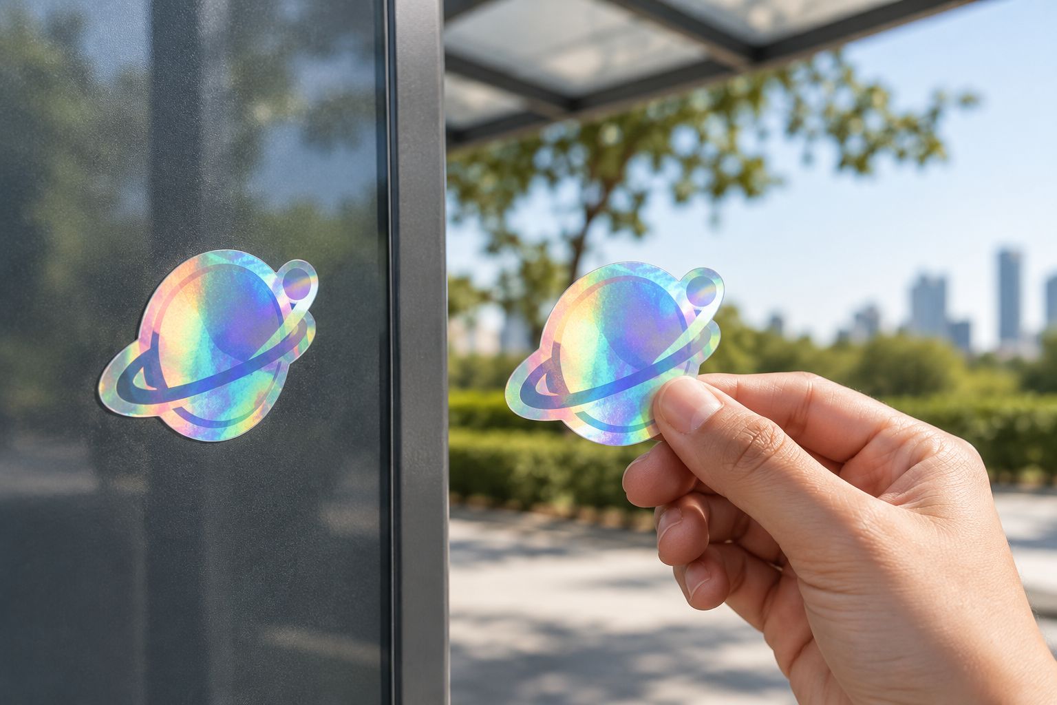 A holographic sticker on a sheltered outdoor panel compared with a matching reference sticker