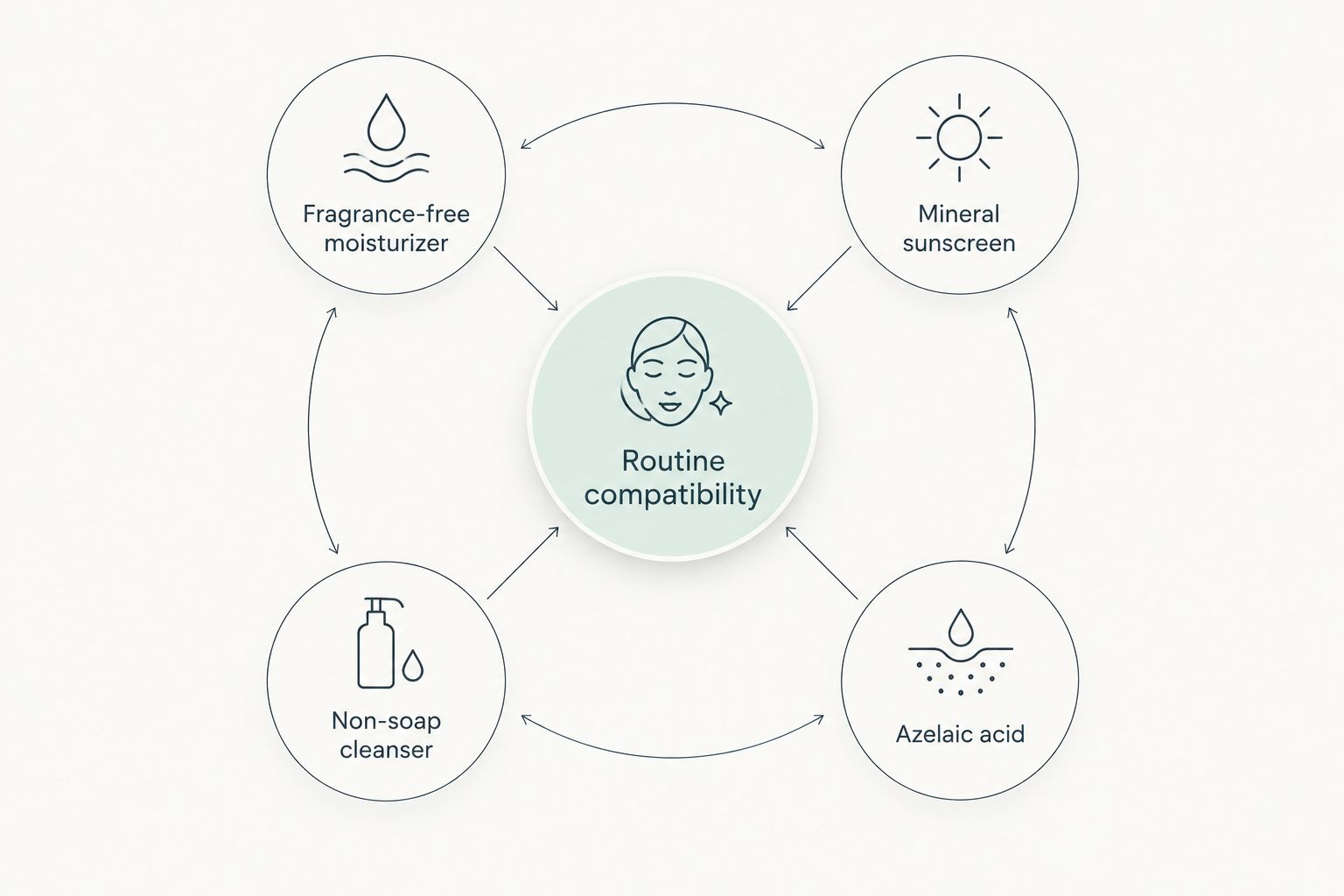 Four rosacea skincare categories arranged around routine compatibility