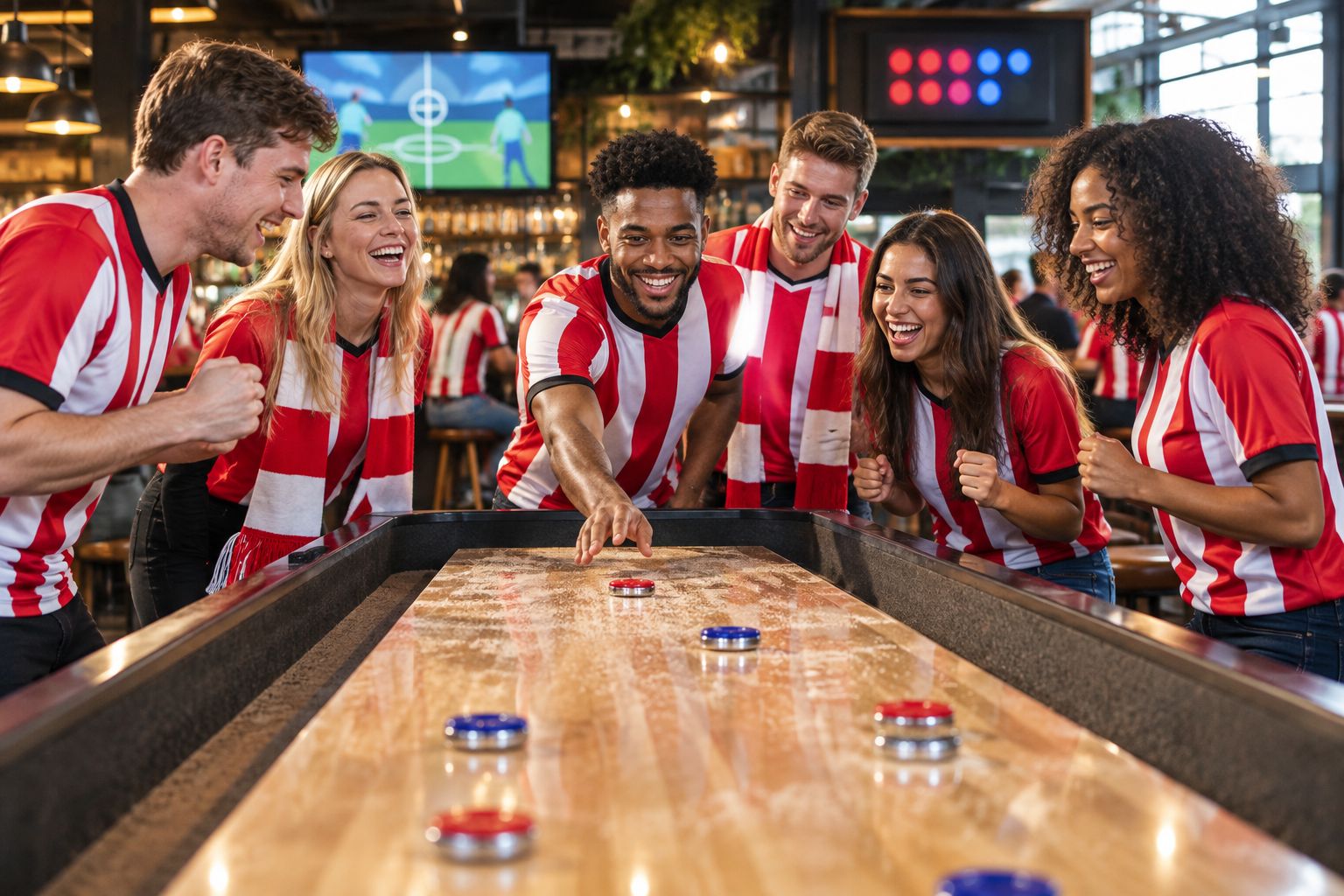 Group of football fans playing shuffleboard before a match