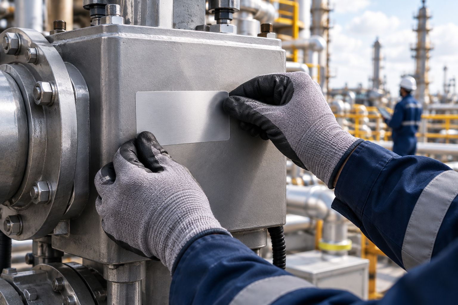 Gloved hands applying a blank silver label to a flat metal equipment surface