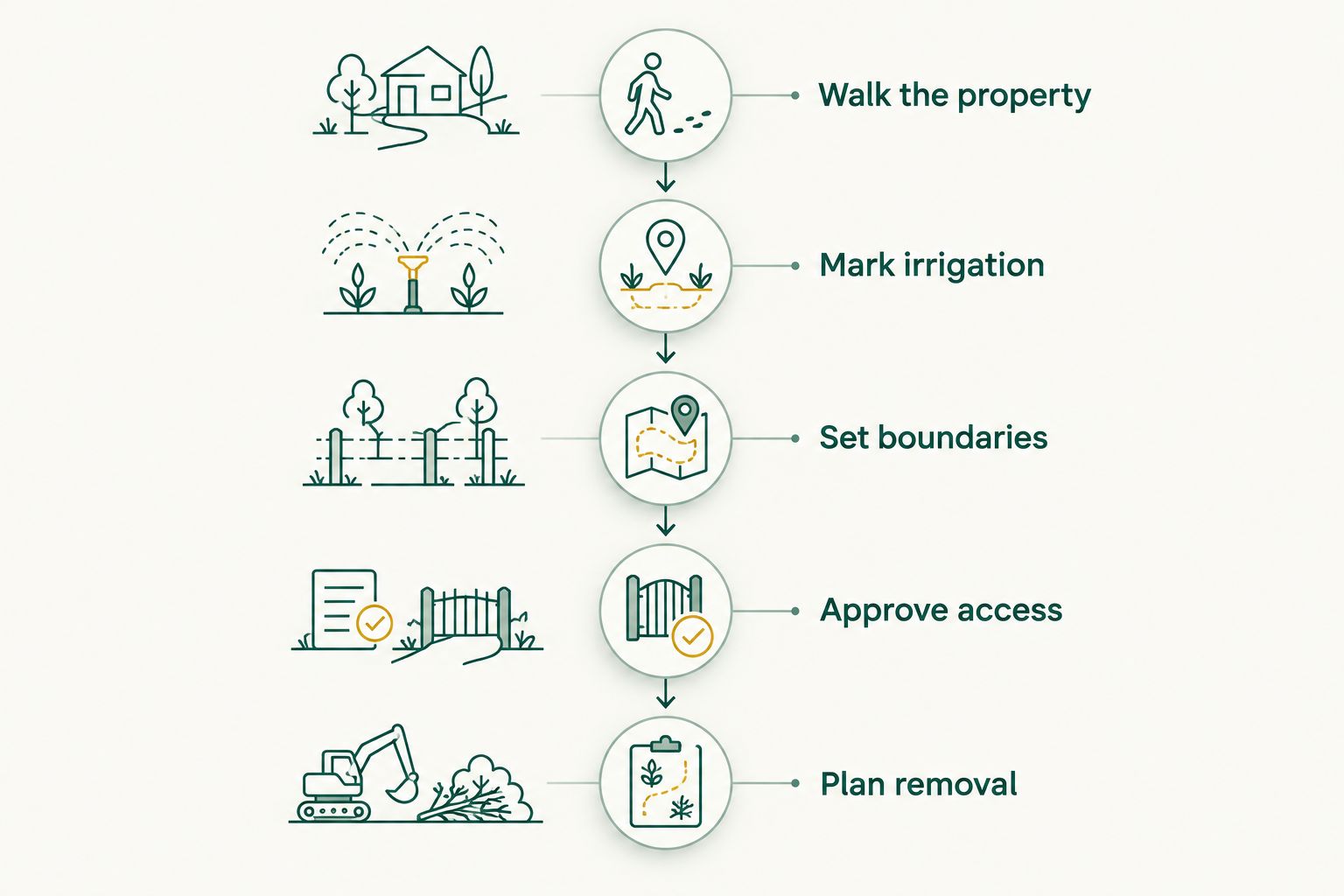 Planning sequence covering the property walk, irrigation, boundaries, equipment access, and light removal.