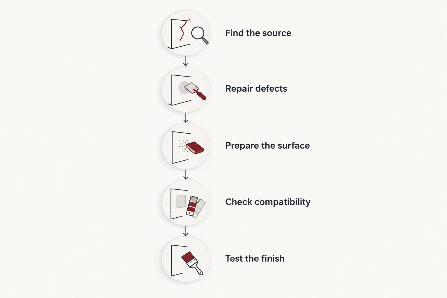 Exterior wall preparation sequence from finding the moisture source to testing the finish