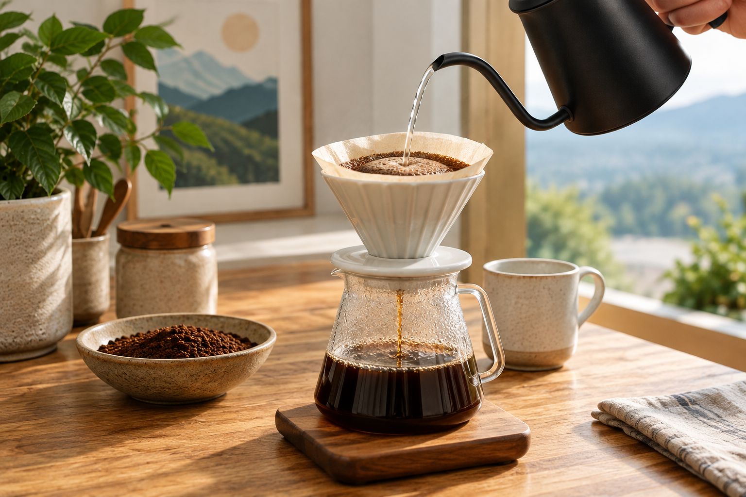 Water being poured over ground coffee in a paper-filter dripper