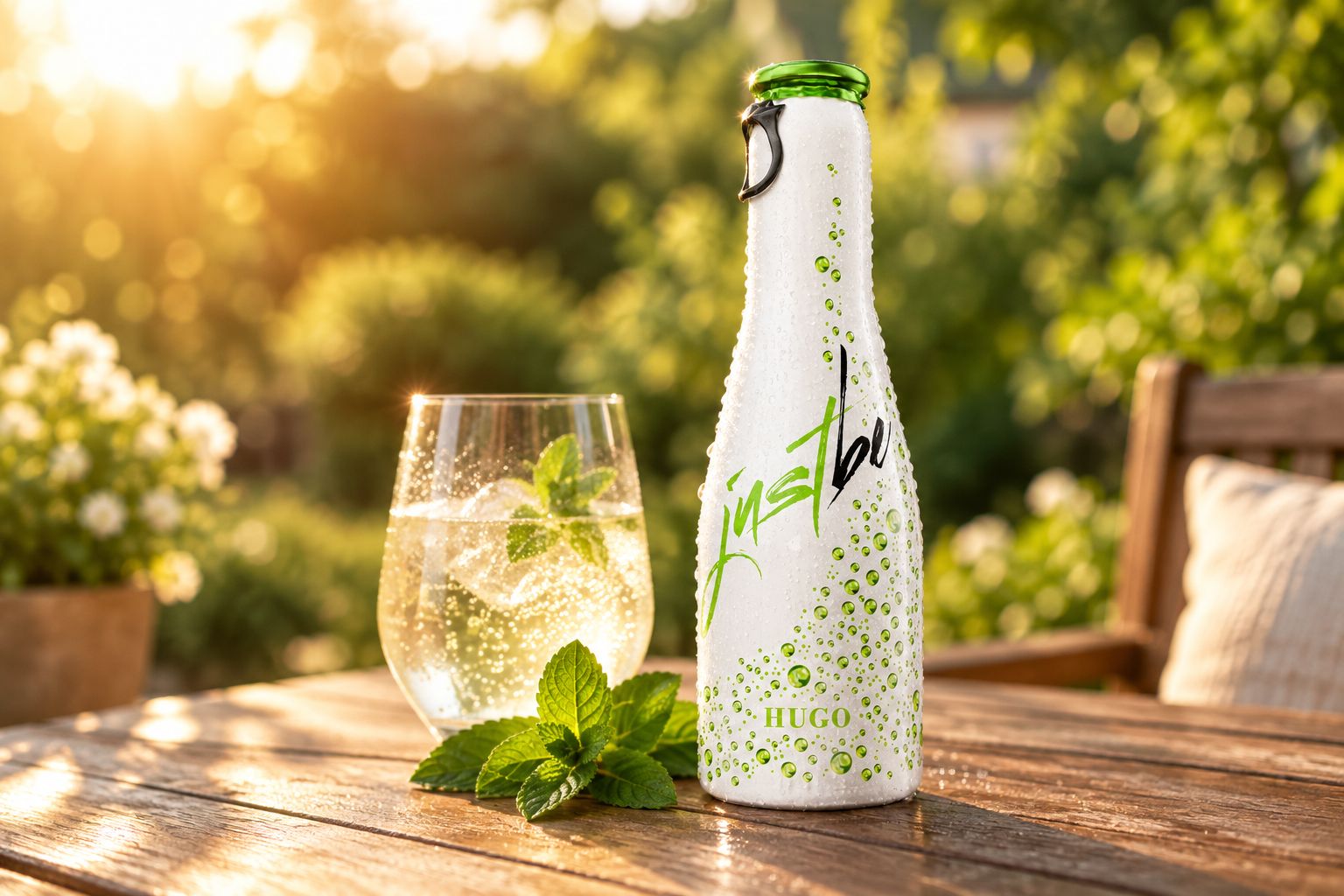 Hugo-Fertigdrink in der Aluminiumflasche auf einem Gartentisch