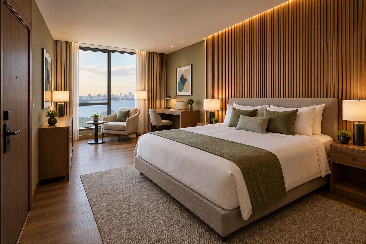 Hotel guestroom with a wood slat feature wall, upholstered bed, and closed entry door
