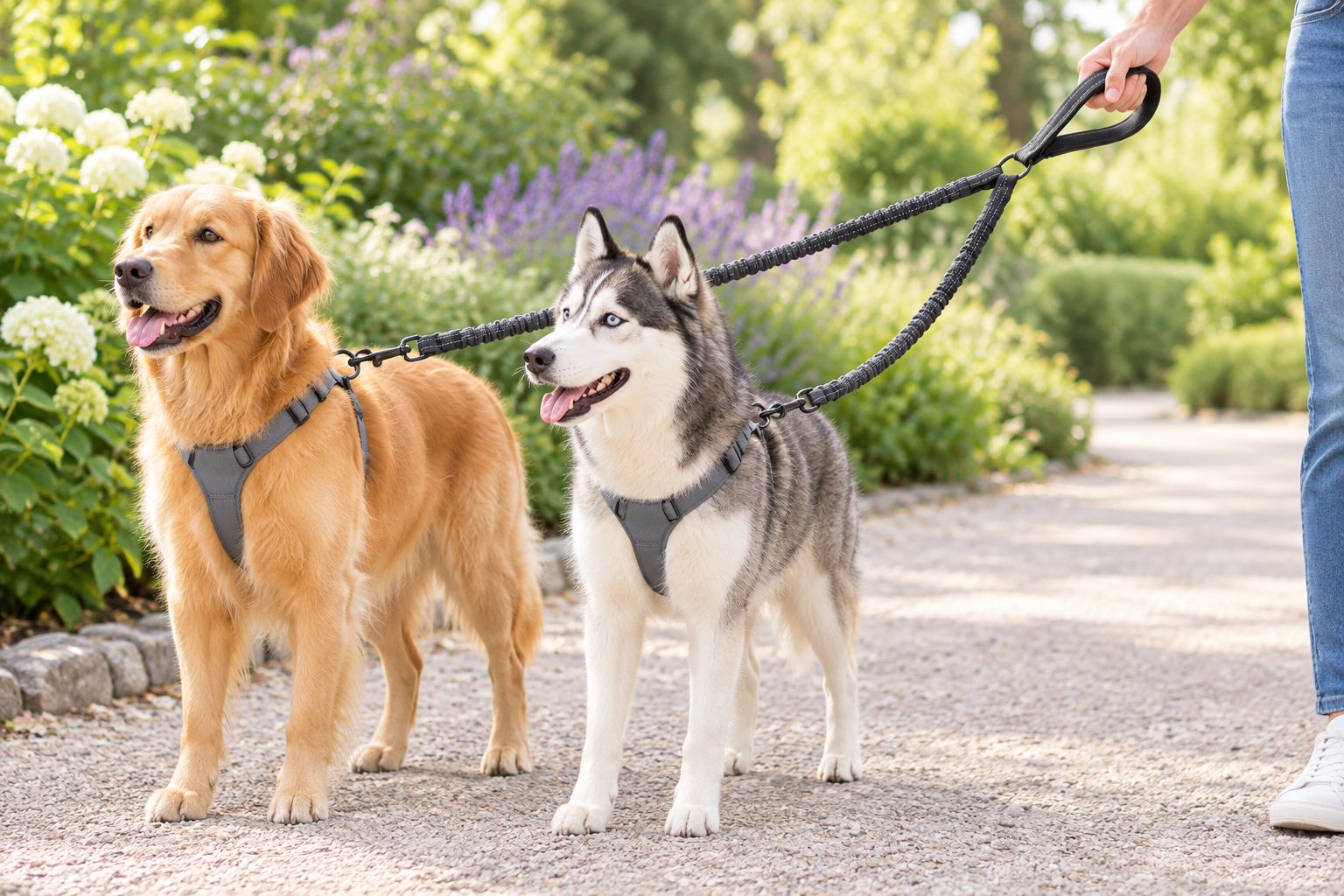 Two dogs beside each other on a quiet path with a shared leash