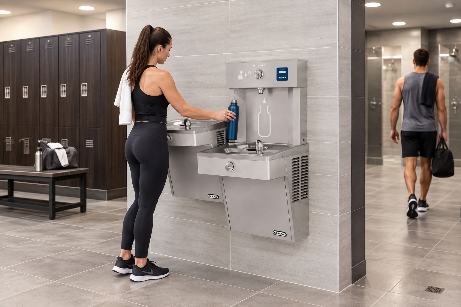 Wall-mounted bottle filling station in a gym locker room