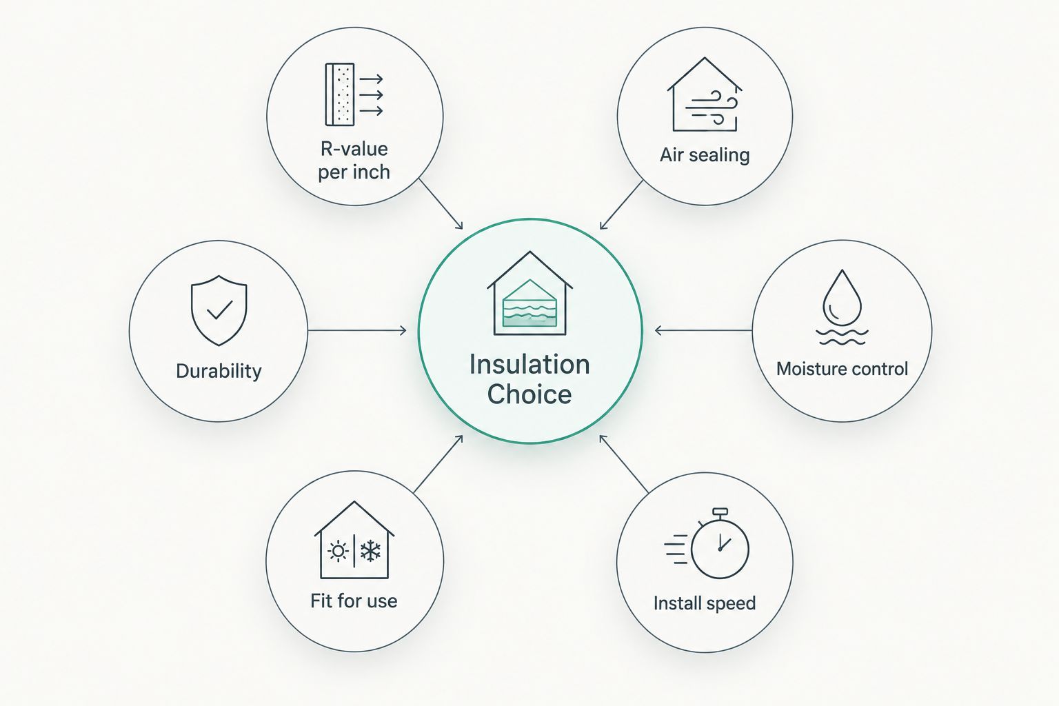 Diagram showing six criteria orbiting a central insulation choice hub