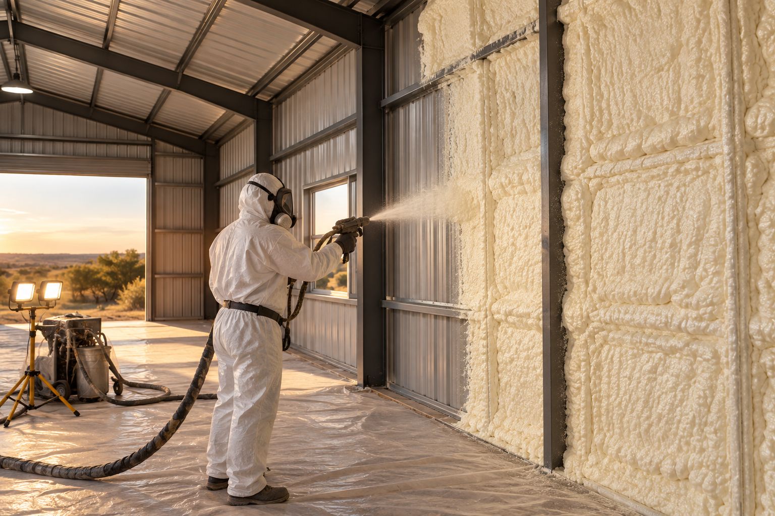 Applicator spraying closed-cell foam insulation on a metal building interior wall