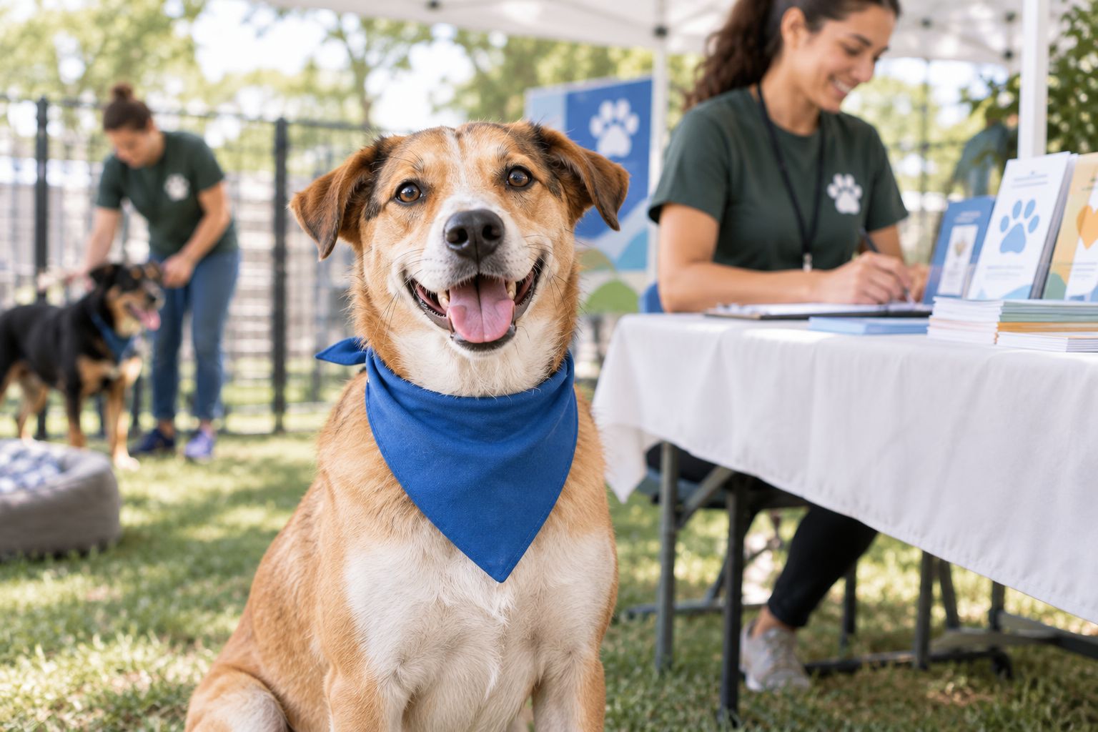 Shelter dog wearing a bandana at an outdoor adoption event