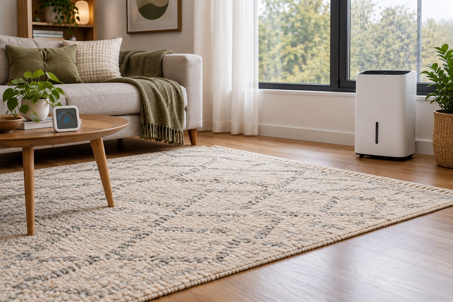 Wool rug with a dehumidifier on bare flooring and a separate hygrometer away from its outlet