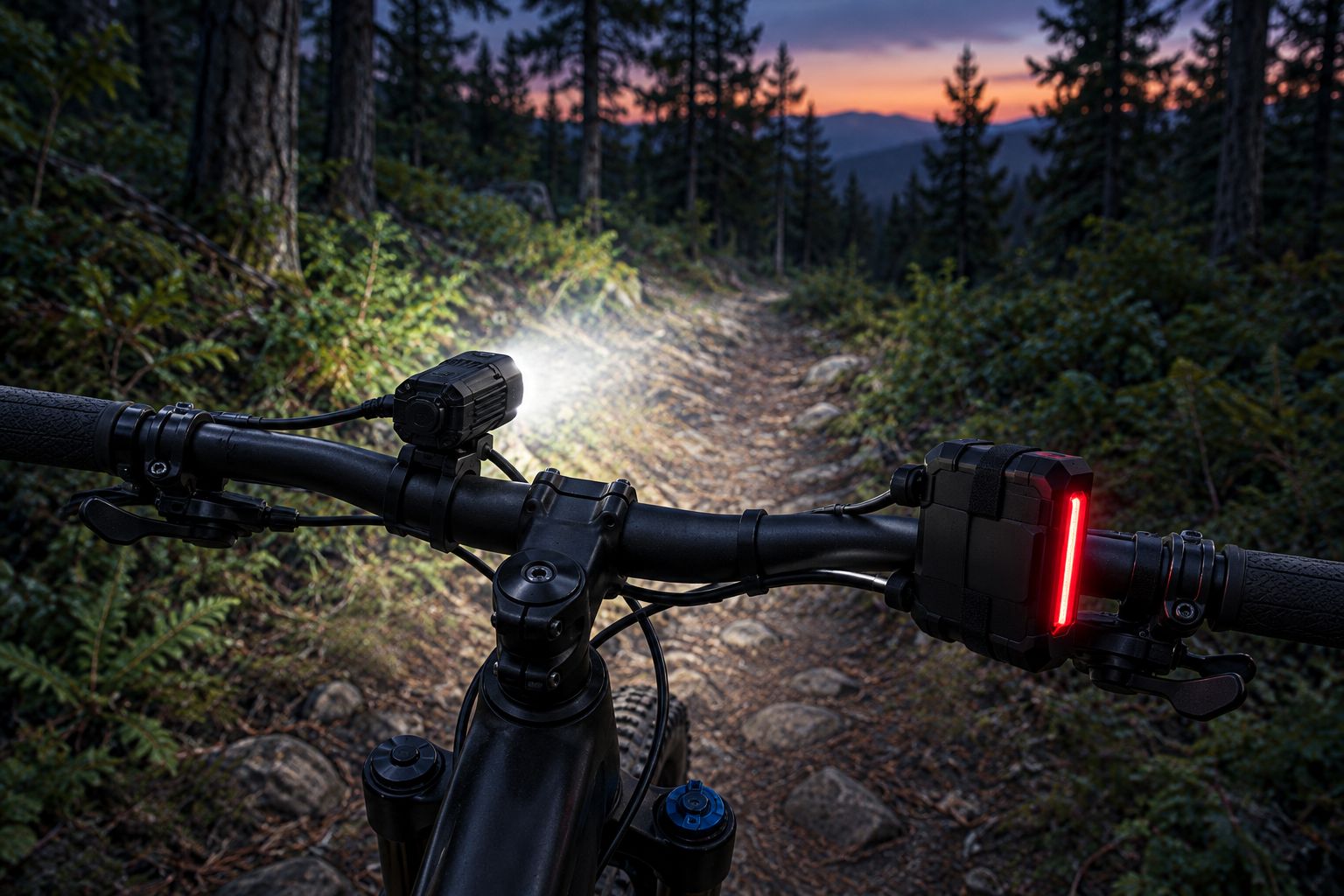 Generic mountain bike light and external battery with tidy cable routing