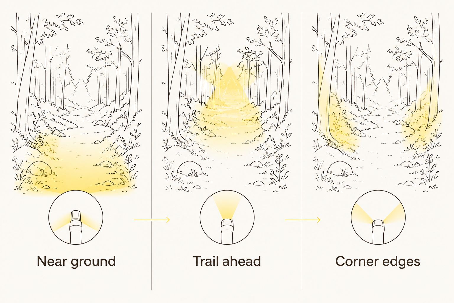 Three trail zones to assess: near ground, trail ahead and corner edges