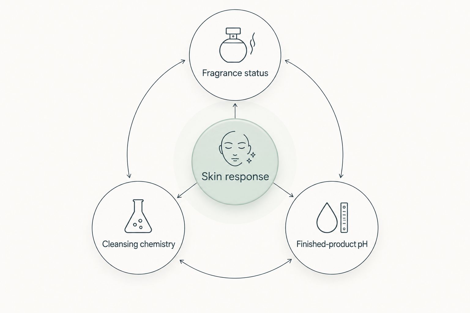 Sensitive-skin cleanser selection based on fragrance, cleansing chemistry, pH, and skin response.